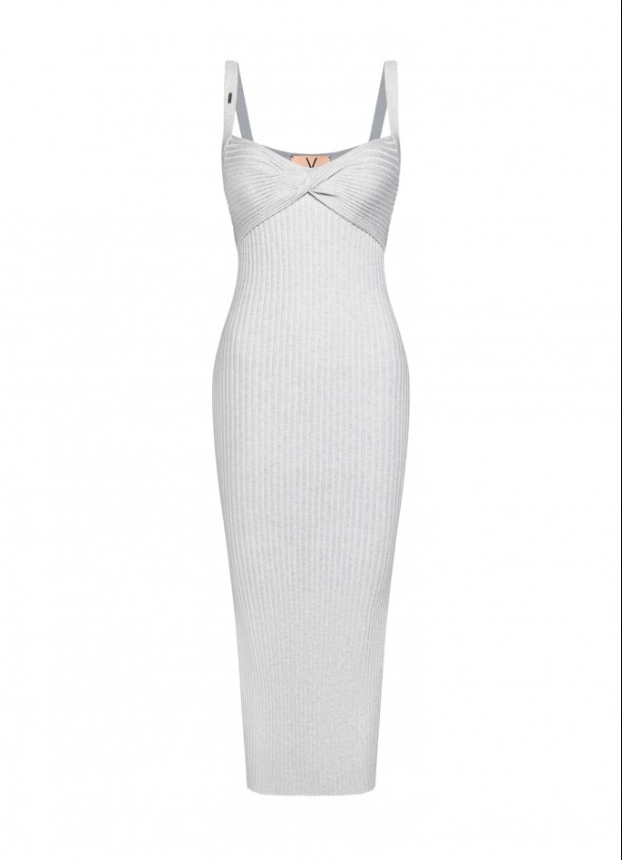 RIBBED KNIT TWIST MIDI DRESS - SILVER